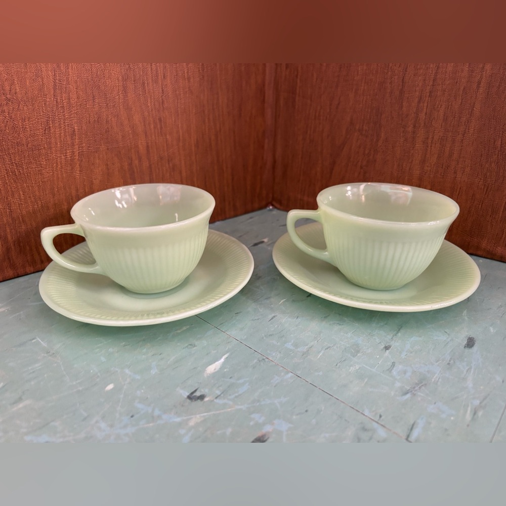 Set of 2 FireKing Jadeite Jane Ray teacups and saucers Fire King